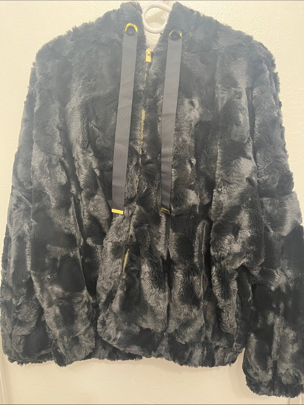 Express Black Faux Fur Hooded Jacket with Gold Accents